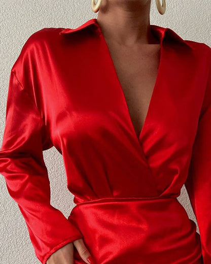 FLOWERSVERSE 2025  Summer Short Bow Sexy Red Skinny Fashion Small Short Temperament Solid Color Shirt Dress