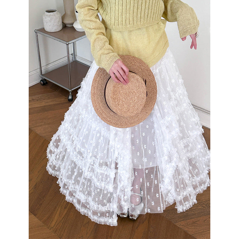 2025  Spring New Korean Version Sweet Lace Princess Fluffy Gauze Skirt Lace A-word Lace Cake Skirt 811-1