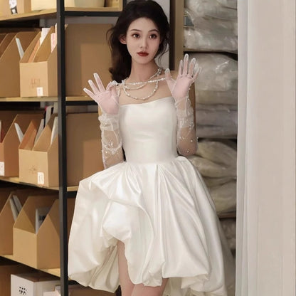 2025 Light wedding dress white tube top short silk and satin  spring new travel photography daily niche high-end party dress