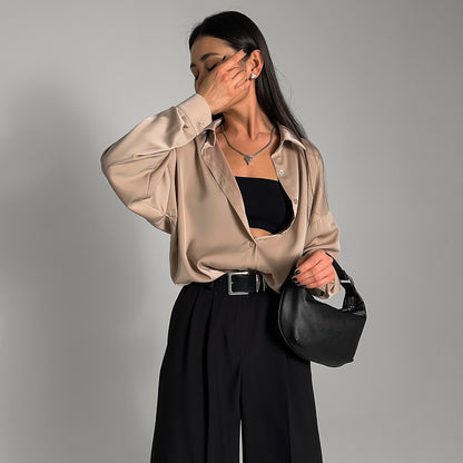 Spring new acetic acid satin long-sleeved shirt high-end temperament commuter versatile women  design sense niche