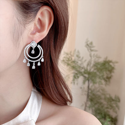 2025 S925 silver needle temperament micro-inlaid zircon light luxury high-end earrings design double-layer ring water drop fringed earrings
