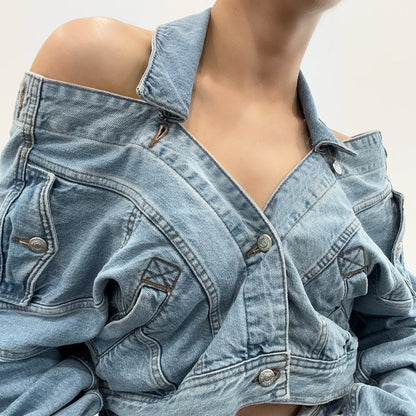 design sense niche street style hot girl hanging neck open button loose top irregular short skirt denim suit women