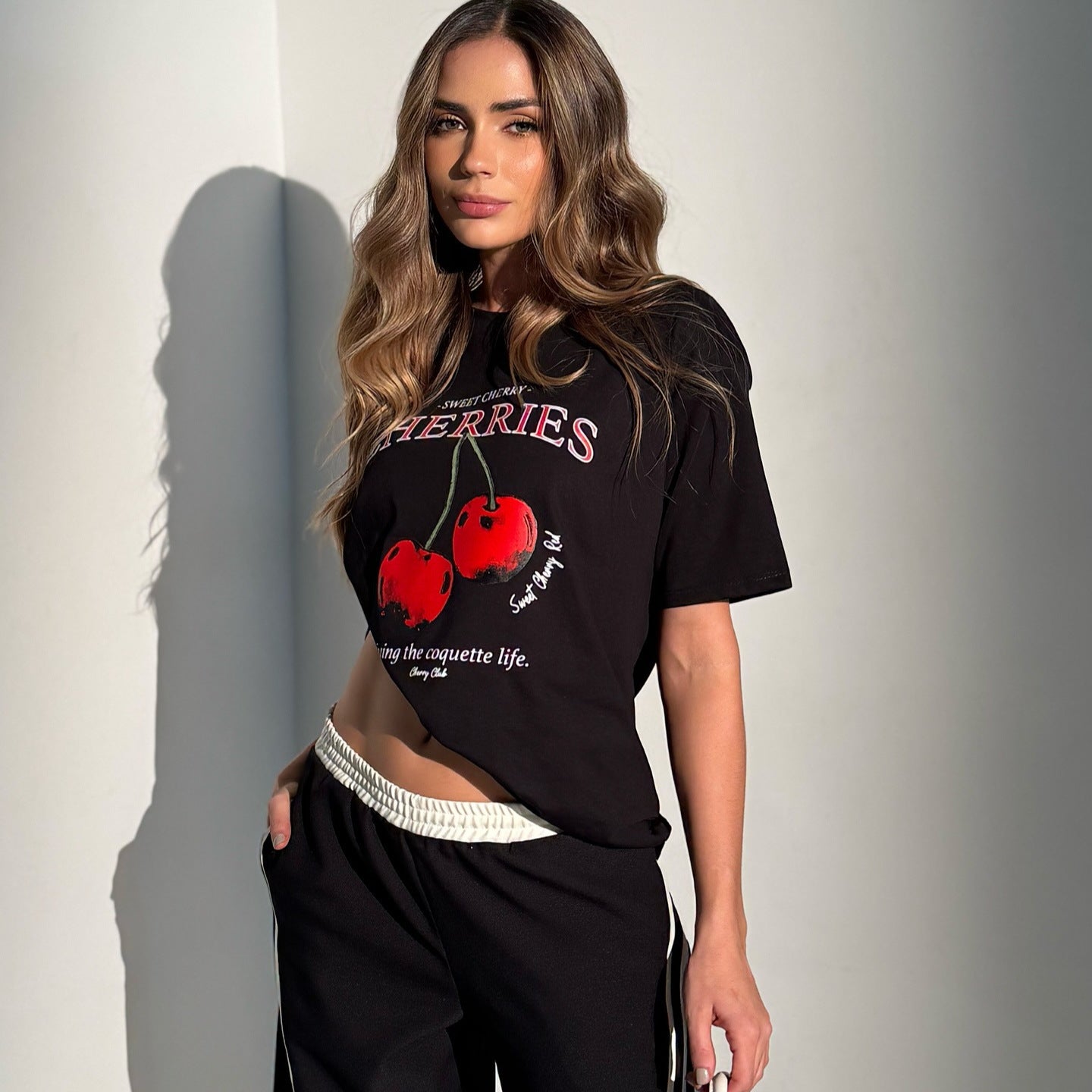 New new cherries printed short-sleeved printed women's t-shirt spring and summer fashion  spice girls ins style