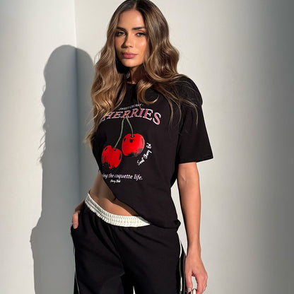 New new cherries printed short-sleeved printed women's t-shirt spring and summer fashion  spice girls ins style