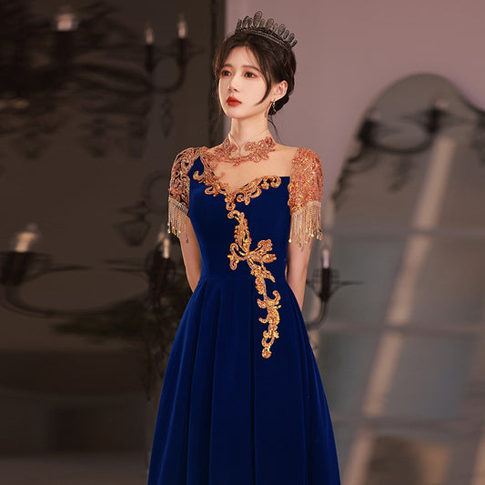 Evening dress female banquet host velvet light luxury niche style temperament celebrity New vocal performance art test