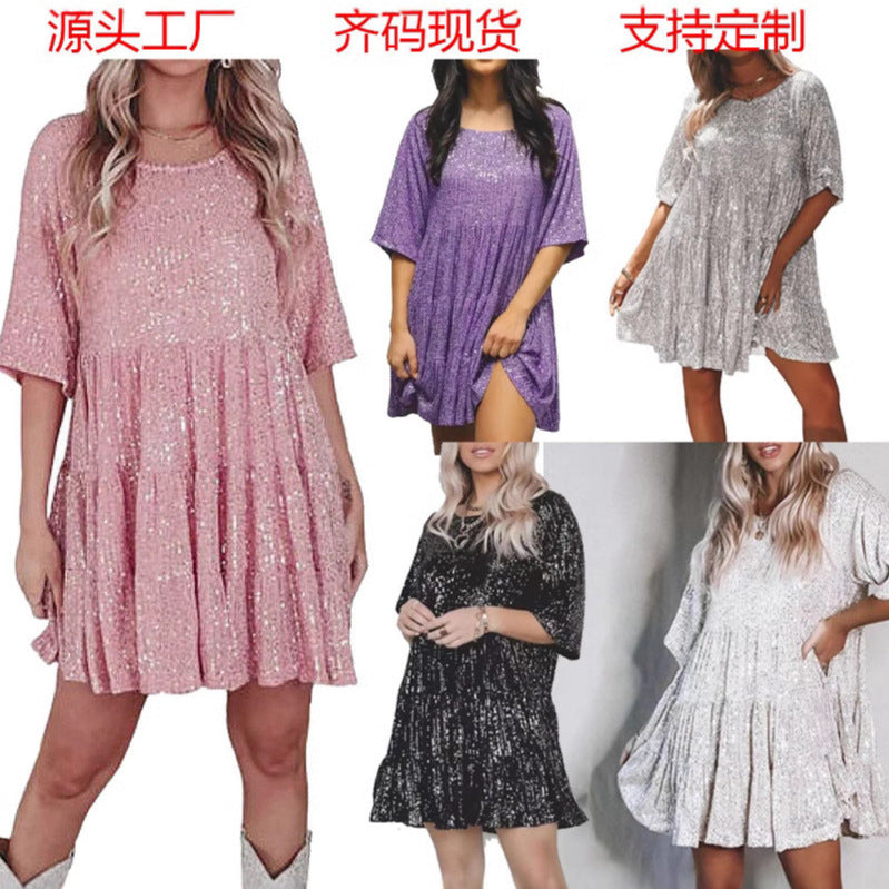 FLOWERSVERSE 2025 cross-border 2025 trade new 2025 trade fashion sequins round neck loose waist short sleeves short skirt dress banquet gift