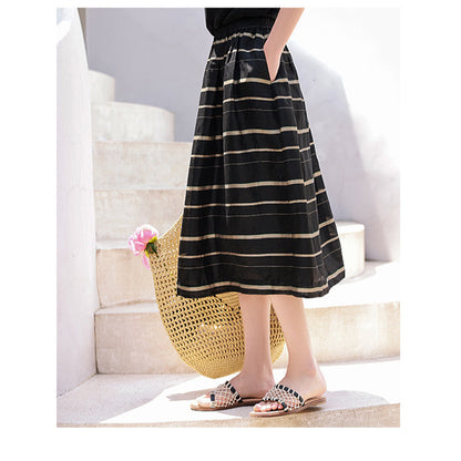 2025 spring and summer women's long skirt, blended elastic waist black rice striped literary and versatile medium and long skirt A0538