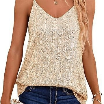 FLOWERSVERSE New 2025 new  2025 new loose sequins V-neck sleeveless casual sequins deep V suspenders