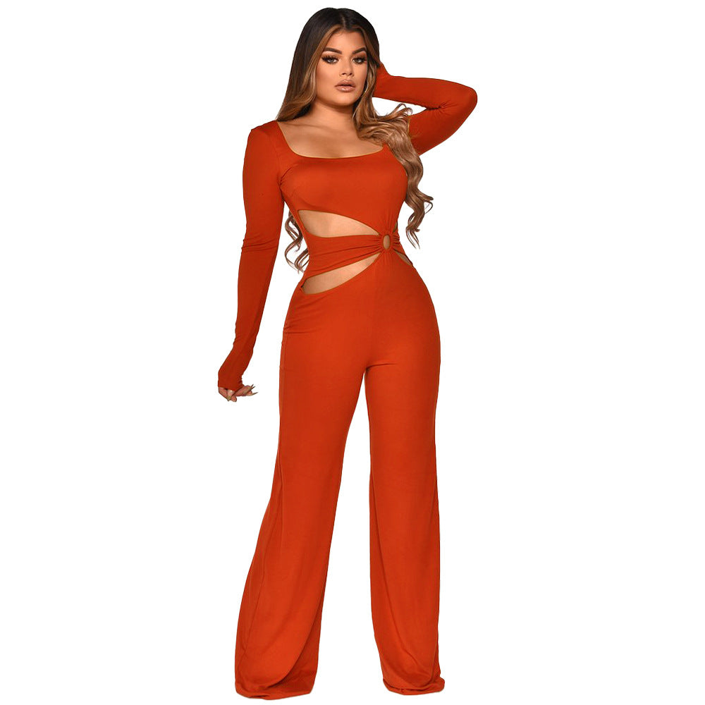 flowersverse K9985 Cross-Border Supply  Independent Station HOTan and NEWn Hot Women's Clothing Sexy Waist Hollow-out Slim Fit Long Sleeve Jumpsuit