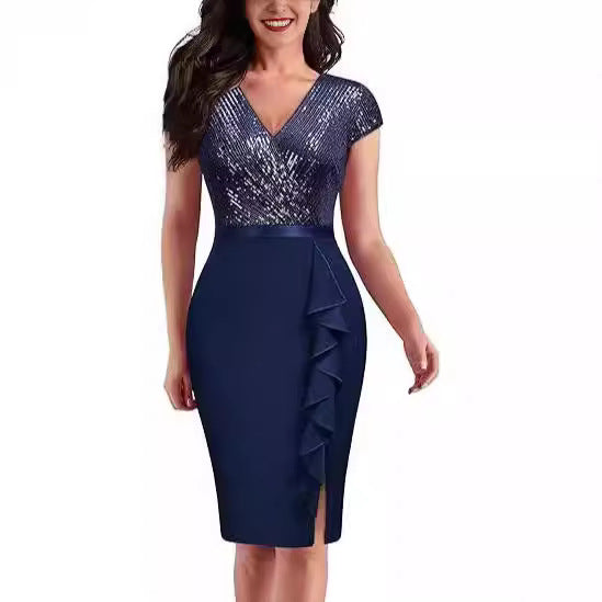 FLOWERSVERSE popular   Black Gold Double Spell Solid Color Temperament Commuter High Waist Fashion Sequin Dress