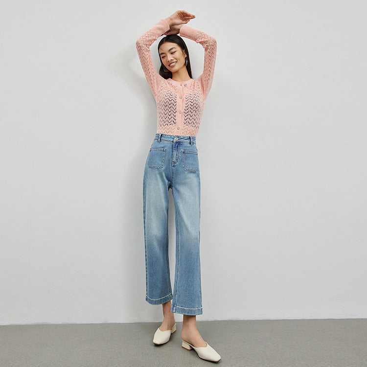 2025 Spring and summer high-quality Xinjiang plush micro-elastic double bag personalized design nine-point straight pants women's elastic denim