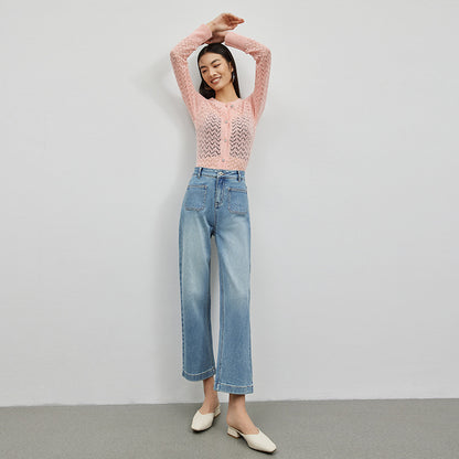 2025 Spring and summer high-quality Xinjiang plush micro-elastic double bag personalized design nine-point straight pants women's elastic denim