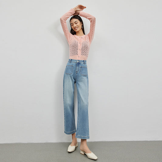 2025 Spring and summer high-quality Xinjiang plush micro-elastic double bag personalized design nine-point straight pants women's elastic denim