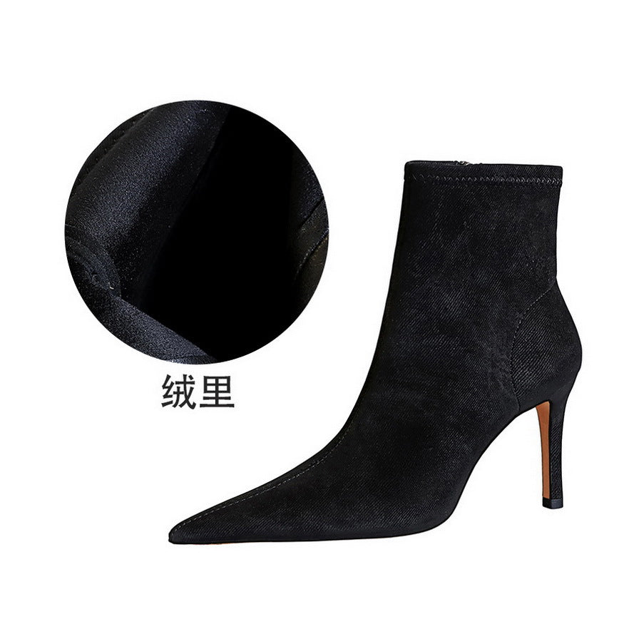 FLOWERSVERSE 2025 9788-2  simple, sexy and thin banquet women's boots, thin heels, high heels, pointed heads, black denim cloth boots