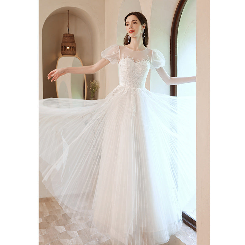 Princess bride bubble sleeve light wedding dress white bridesmaid dress 2025 new temperament performance catwalk host dress