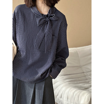 2025  spring new Korean version design sense niche lace-up stripes simple loose versatile long-sleeved shirt women 1918