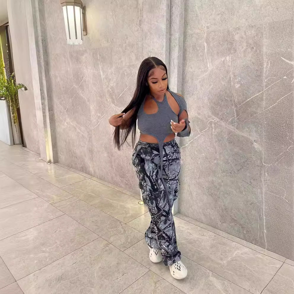 FLOWERSVERSE  T23318 European and American Women's Clothing Fashion Casual Camouflage Printed Overalls Exclusive for Cross-Border One Piece Dropshipping