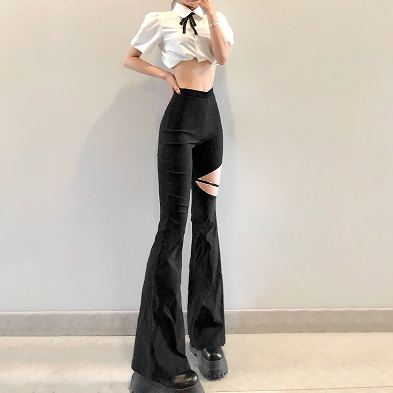 FLOWERSVERSE  Fashion Personality Hollow out Design Elegant Slim Pants European and American  Summer New High Waist Casual Pants