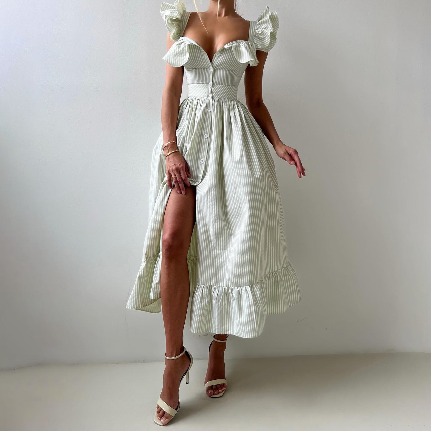 temperament commuter style ruffle edge striped dress women's summer high-end neckline cuffs double design women's clothing