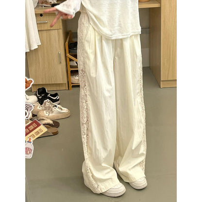Beige Lace Splicing Casual Pants Women's Summer  New Thin High Waist Skinny Versatile Casual Straight Pants