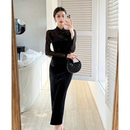 2025 Sexy new Chinese temperament slim fit improved cheongsam women's autumn and winter with imperial sister flower velvet hip dress