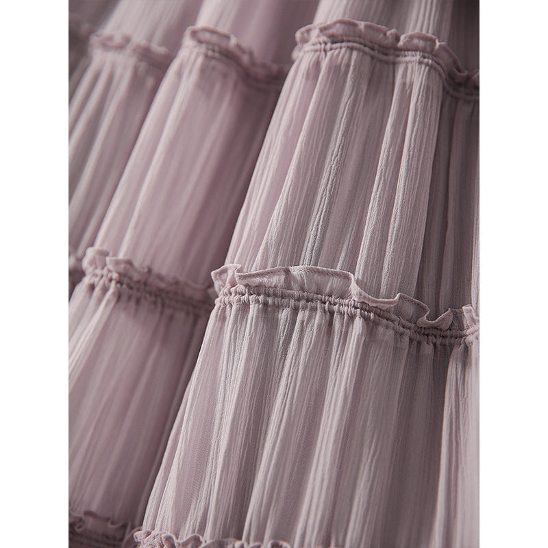 2025 Mulberry silk inside and outside, smoked purple silk dress, pleated lace-up swing dress  summer new women's clothing