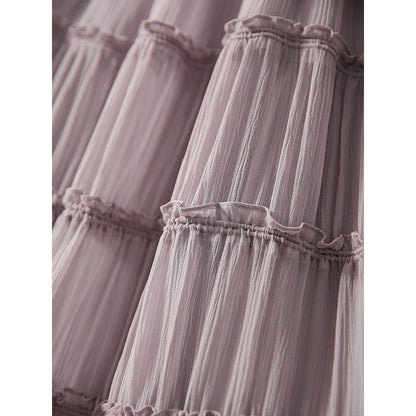 2025 Mulberry silk inside and outside, smoked purple silk dress, pleated lace-up swing dress  summer new women's clothing