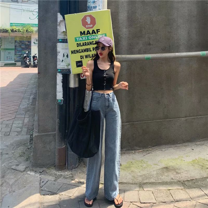 flowersverse Women's Wide-Leg Jeans Loose  Autumn and Winter New Hong Kong Style Retro High Waist Drooping Chic Straight Mopping Pants