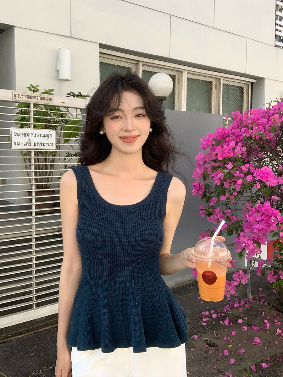 2025 spring and summer new thin temperament versatile solid color fishtail knitted suspender small vest women 25158