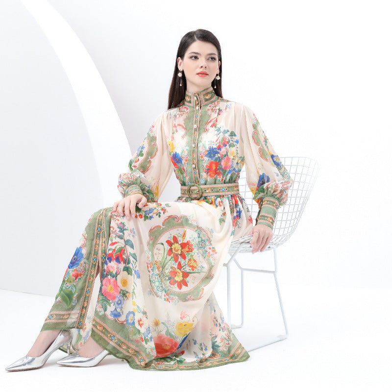 Popular trade women's clothing retro style stand-up collar lantern sleeve wavy edge long printed dress two-piece set