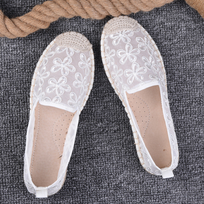 flowersverseSummer Women's Shoes Thin Pumps Linen Fisherman Shoes Women's Slip-on Lace Hollow-out Old Beijing Soft Bottom Cloth Shoes