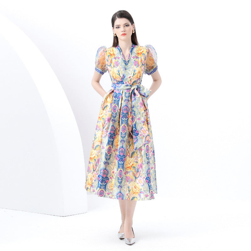 retro court style printing dress women's cross V-neck strap mesh bubble sleeve waist long dress