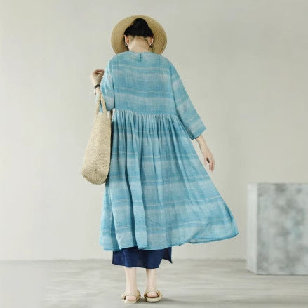 2025 spring and summer dress women's dress round neck loose long dress mint mambo ramie printed long skirt 90709