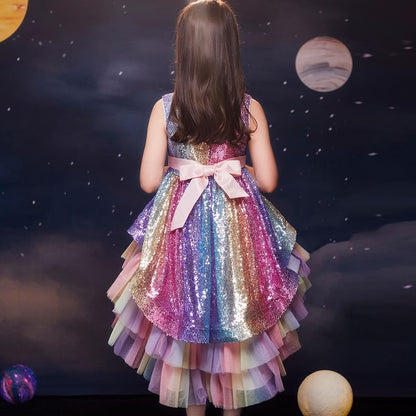 flowersverse Girls' Seven-Color Sequins Gradient Trailing Dress Main Dress Children's Wedding Dress Catwalk Host's Dress Dress