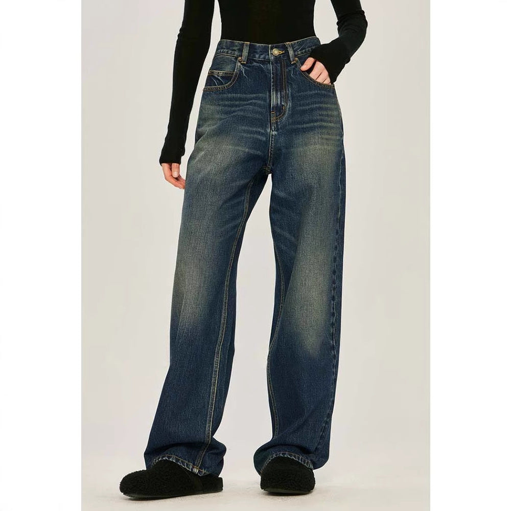 Siyuan, open J, the same V-shaped n high street jeans, casual high-waisted loose denim wide-leg pants, women's 8940