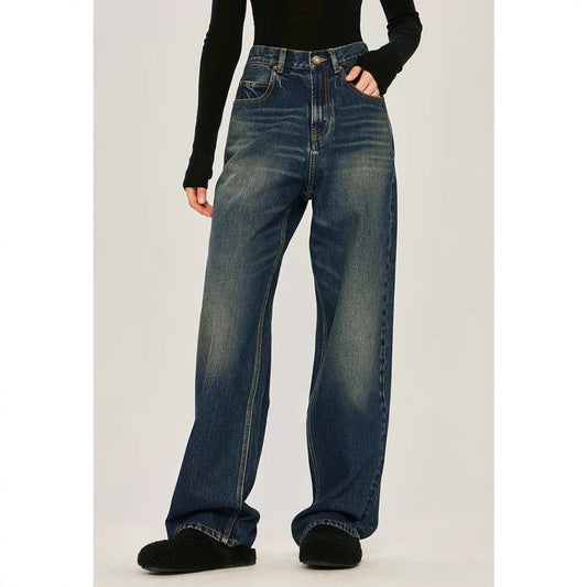 Siyuan, open J, the same V-shaped n high street jeans, casual high-waisted loose denim wide-leg pants, women's 8940