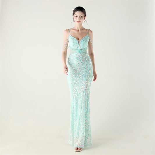 33396 # new heavy industry beaded mid-waist beaded fishtail evening dress, red carpet wedding banquet dress