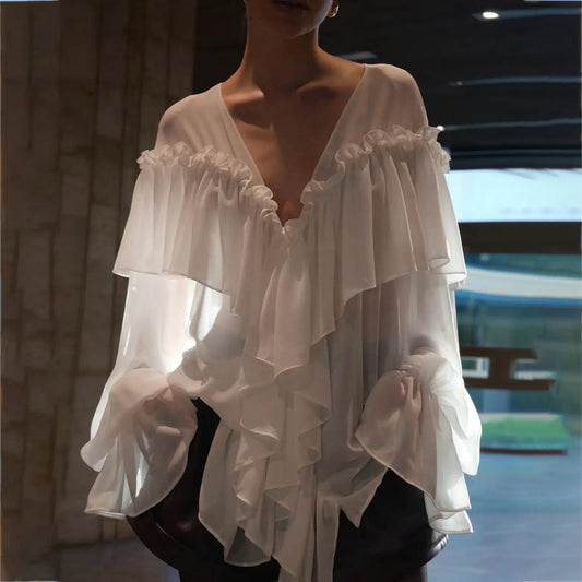 early spring new high-end  design fungus edge chiffon shirt women's loose V-neck solid color niche top