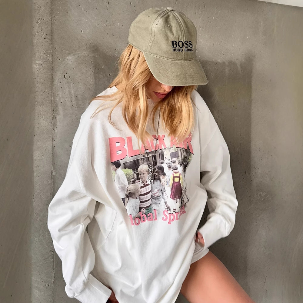 Cross-border  loose T-shirts customized women's outer wear spring long-sleeved round neck fashionable retro printed trendy top women