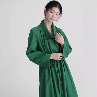 2025 Spring Original Design Green Cotton Waist Adjustable Pleated Long Dress Jacket A0810