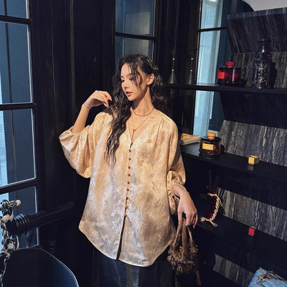 Siyuan Guofeng New Chinese Silk Linen Jacquard Tie-Dyeing Shirt High-end Light Luxury Lantern Sleeve Top Women's 9062