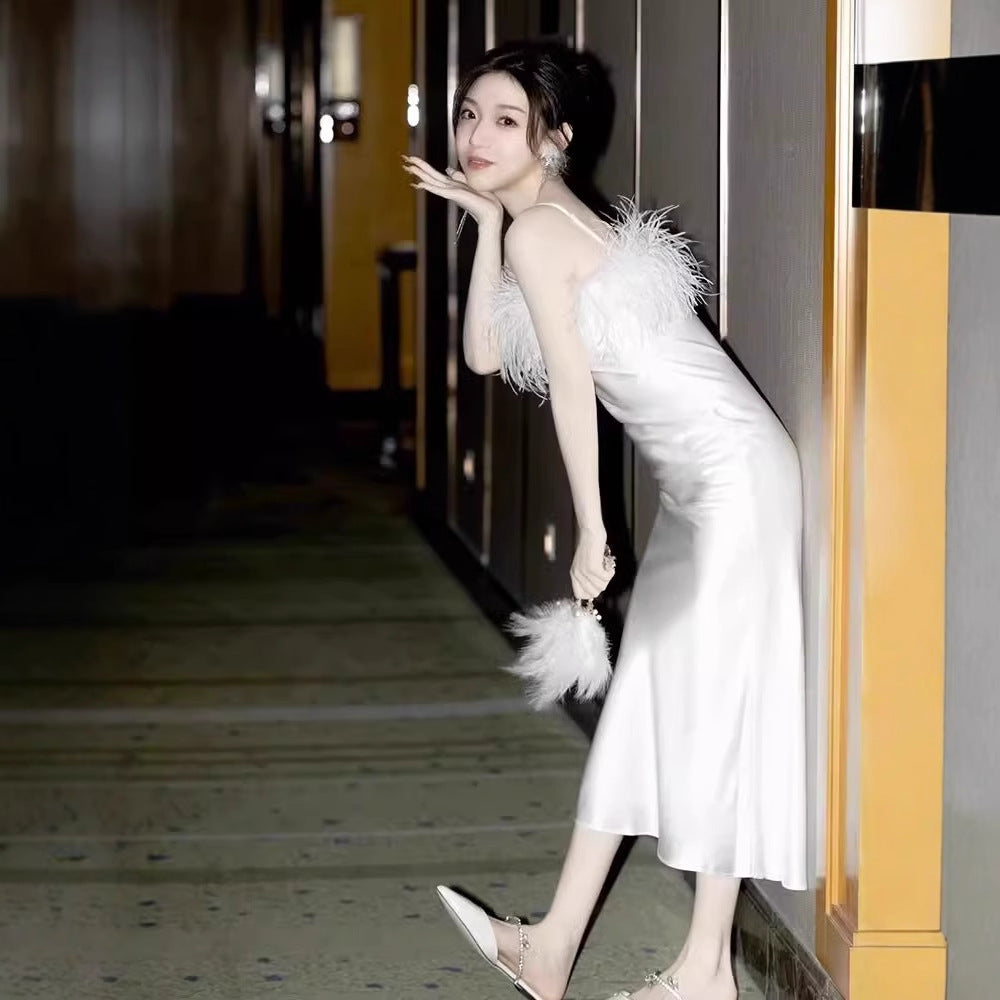 2025 Wedding morning shot dress white morning gown female bride wedding female high-end feather atmosphere dress satin dress