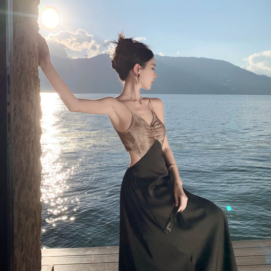 2025 holiday style tie-dye v-neck suspender dress women's summer sexy backless splicing a word beach temperament long dress