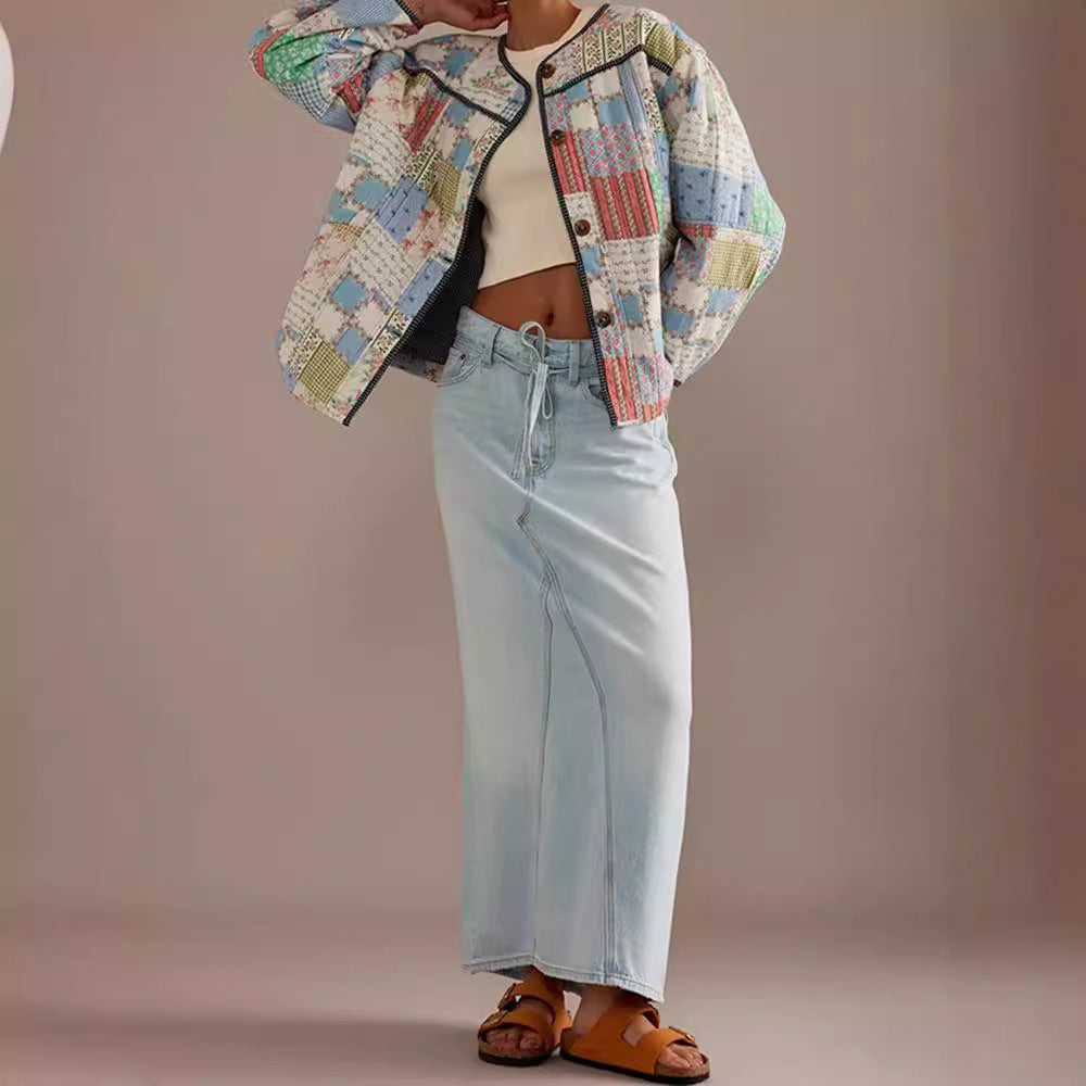 2025 autumn and winter European and American cross-border fashion patch single-breasted women's jacket round neck printed cotton clothing WQK0386