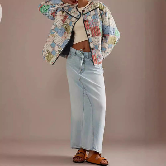 2025 autumn and winter European and American cross-border fashion patch single-breasted women's jacket round neck printed cotton clothing WQK0386