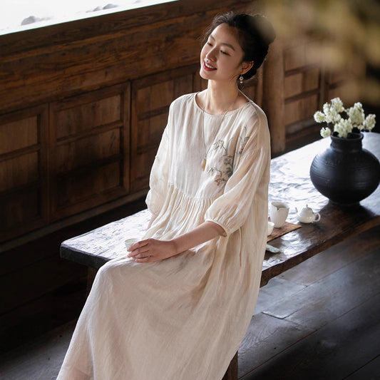 2025 spring and summer new product embroidery pure ramie gentle wind dress women's summer light and thin round neck loose long dress B0458