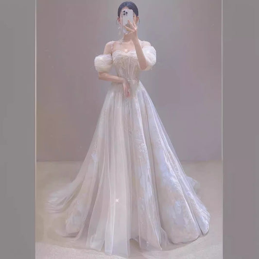 Romantic fairy toast dress bride engagement high-end light luxury niche wedding banquet birthday word shoulder evening dress dress dress
