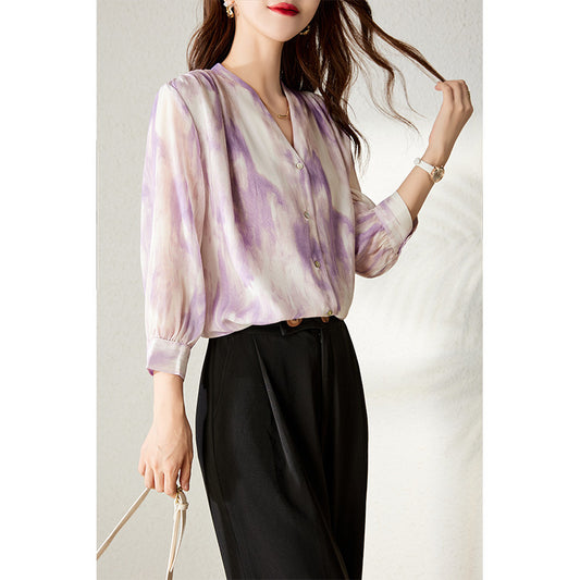 2025 Purple  silk shirt V-neck heavy double-layer mulberry silk shirt  summer women's printed top