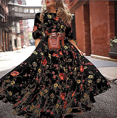 FLOWERSVERSE Cross-border new 2025 women's clothing print , bohemian vacation style print big pendulum dress