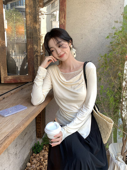 2025 Thirteen Lines  Spring New Korean Edition Temperament Lace Swing Neck Bottom Shirt Long Sleeve Top 89209